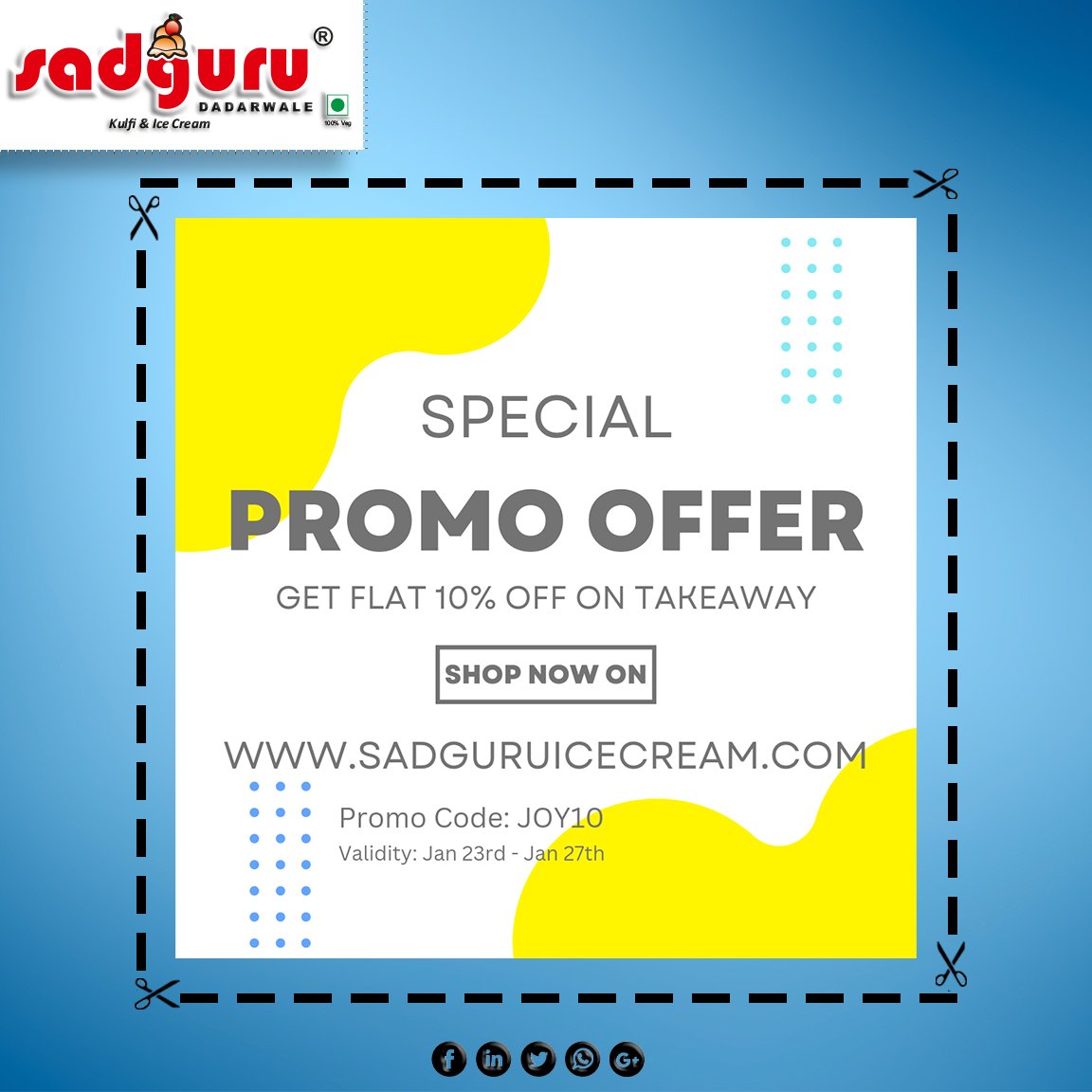 Make your day even more better with your Loved Ones with our SPECIAL PROMO OFFER.
Share it in your group with you friends. sadguruicecream.com
#happiness #offer #sadgurukulfi #sadguruicecream #icecream #kulfi #frozendessert #mumbaifoodie #mumbaiicecream #mumbaikulfi #mumbai