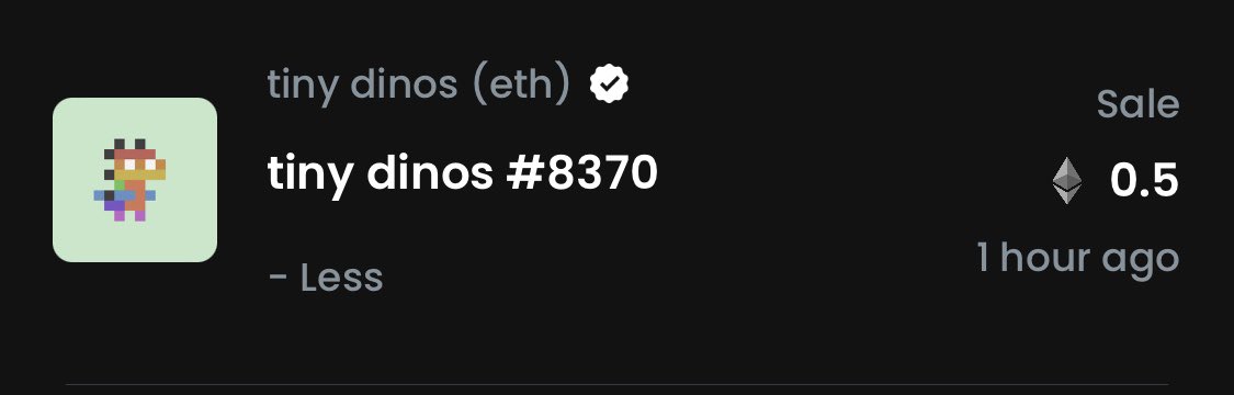 An hour ago I mentioned <a href="/tinydinosnft/">tiny dinos</a> 

Then a beauty instantly sells for .5ETH

Coincidence? (yes)

#rawr