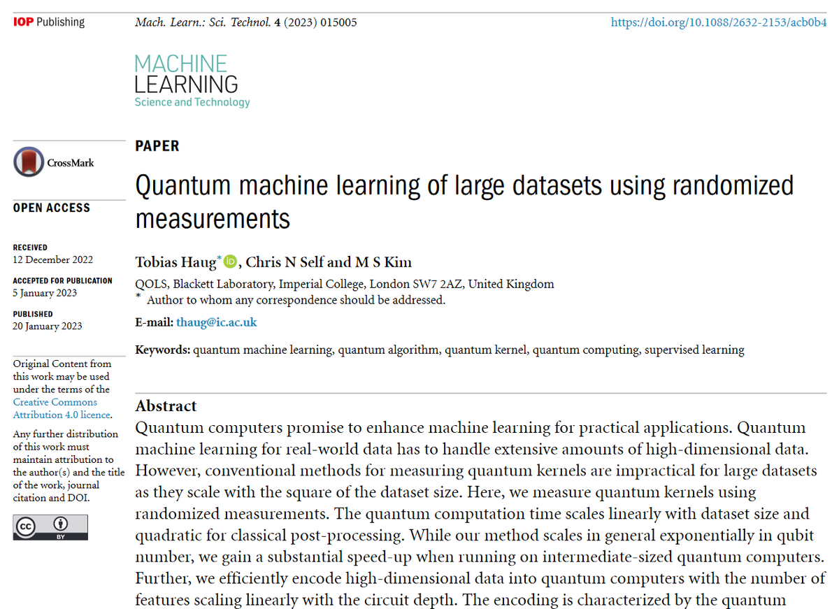Machine Learning: Science and Technology (@mlstjournal) on Twitter photo Great new work by <a href="/TobiasHaug_Q/">Tobias Haug</a> <a href="/chris_n_self/">Chris Self</a> and Myungshik Kim <a href="/QuantinuumQC/">Quantinuum</a> <a href="/ImperialPhysics/">Imperial Physics</a> - '#Quantum machine learning of large #datasets using randomized measurements' - bit.ly/3GUbsHT #machinelearning #AI #quantumcomputing #algorithms #HPC #qubits #code Great new work by <a href="/TobiasHaug_Q/">Tobias Haug</a> <a href="/chris_n_self/">Chris Self</a> and Myungshik Kim <a href="/QuantinuumQC/">Quantinuum</a> <a href="/ImperialPhysics/">Imperial Physics</a> - '#Quantum machine learning of large #datasets using randomized measurements' - bit.ly/3GUbsHT #machinelearning #AI #quantumcomputing #algorithms #HPC #qubits #code