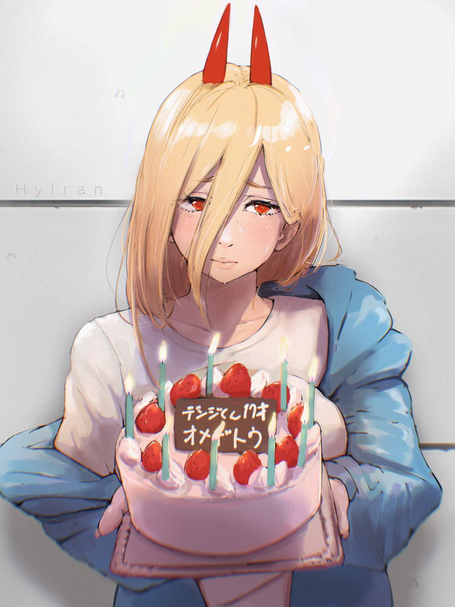 power (chainsaw man) 1girl food cake horns red horns blonde hair solo  illustration images