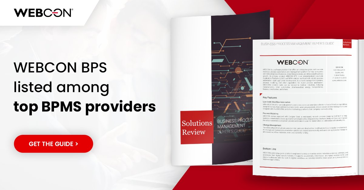 WEBCON (@webcon_bps) on Twitter photo We're thrilled to share that WEBCON has been listed among the best #BusinessProcessManagement solutions providers by
<a href="/SolutionsReview/">Solutions Review</a>! 🚀
Get your free Buyer's Guide 👉 webcon.com/news/top-bpms-…
#LowCode #BPM #BPMS #DigitalTransformation We're thrilled to share that WEBCON has been listed among the best #BusinessProcessManagement solutions providers by
<a href="/SolutionsReview/">Solutions Review</a>! 🚀
Get your free Buyer's Guide 👉 webcon.com/news/top-bpms-…
#LowCode #BPM #BPMS #DigitalTransformation