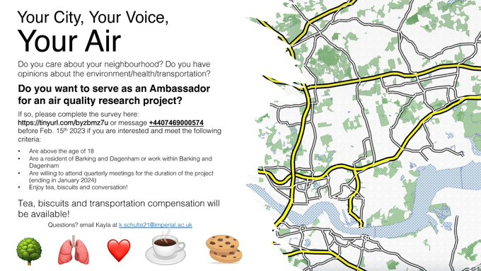 Environmental Research Group (@ergimperial) on Twitter photo Do you work or live in #BarkingandDagenham? Are you interested in air quality & your local community? Sign up to be a Project Ambassador on a new research project happening in the borough here: tinyurl.com/3udwxt7m. For more info, DM the project lead <a href="/kaylloquial/">Dr. Kayla Schulte</a> <a href="/ERGImperial/">Environmental Research Group</a> Do you work or live in #BarkingandDagenham? Are you interested in air quality & your local community? Sign up to be a Project Ambassador on a new research project happening in the borough here: tinyurl.com/3udwxt7m. For more info, DM the project lead <a href="/kaylloquial/">Dr. Kayla Schulte</a> <a href="/ERGImperial/">Environmental Research Group</a>