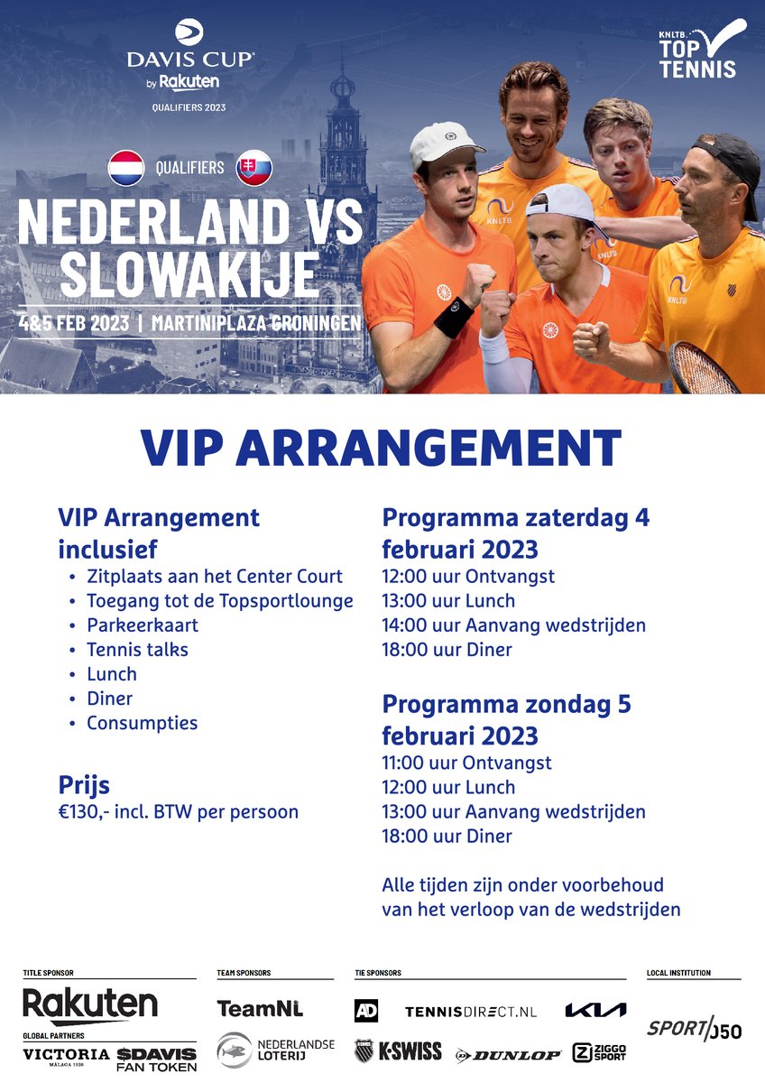 🥂 VIP arrangement | Davis Cup 🎾
Ervaar een geheel verzorgde tennis experience tijdens de Davis Cup op 4 en 5 februari in Martiniplaza. 
Beleef het echte ORANJE gevoel in stijl. De <a href="/KNLTB/">KNLTB</a> en Martiniplaza bieden het volgende VIP arrangement:

Meer info bit.ly/3ktNr33
