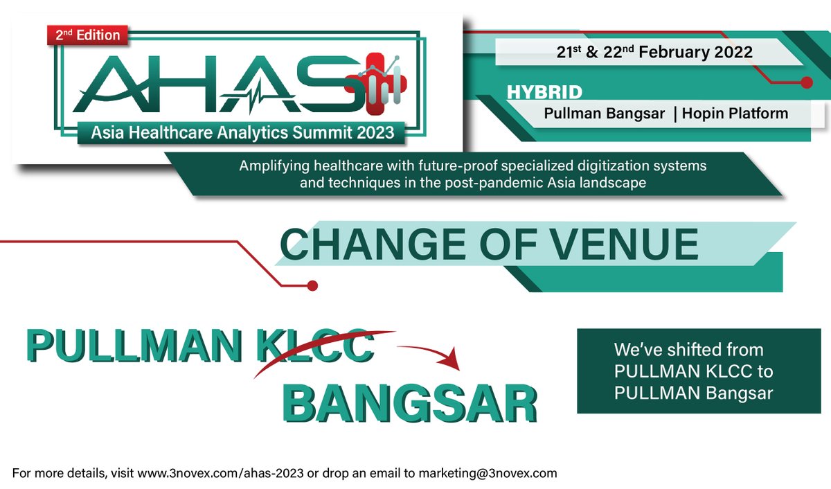 3novex's tweet image. We are shifting the event venue from Pullman KLCC to Pullman Bangsar! With this change, we can serve you better with enhanced arrangements and facilities. Join us this 21 &amp;amp; 22 February 2023. Also available virtually via Hopin Platform.
3novex.com/ahas-2023
#AHAS2023 #AHAS