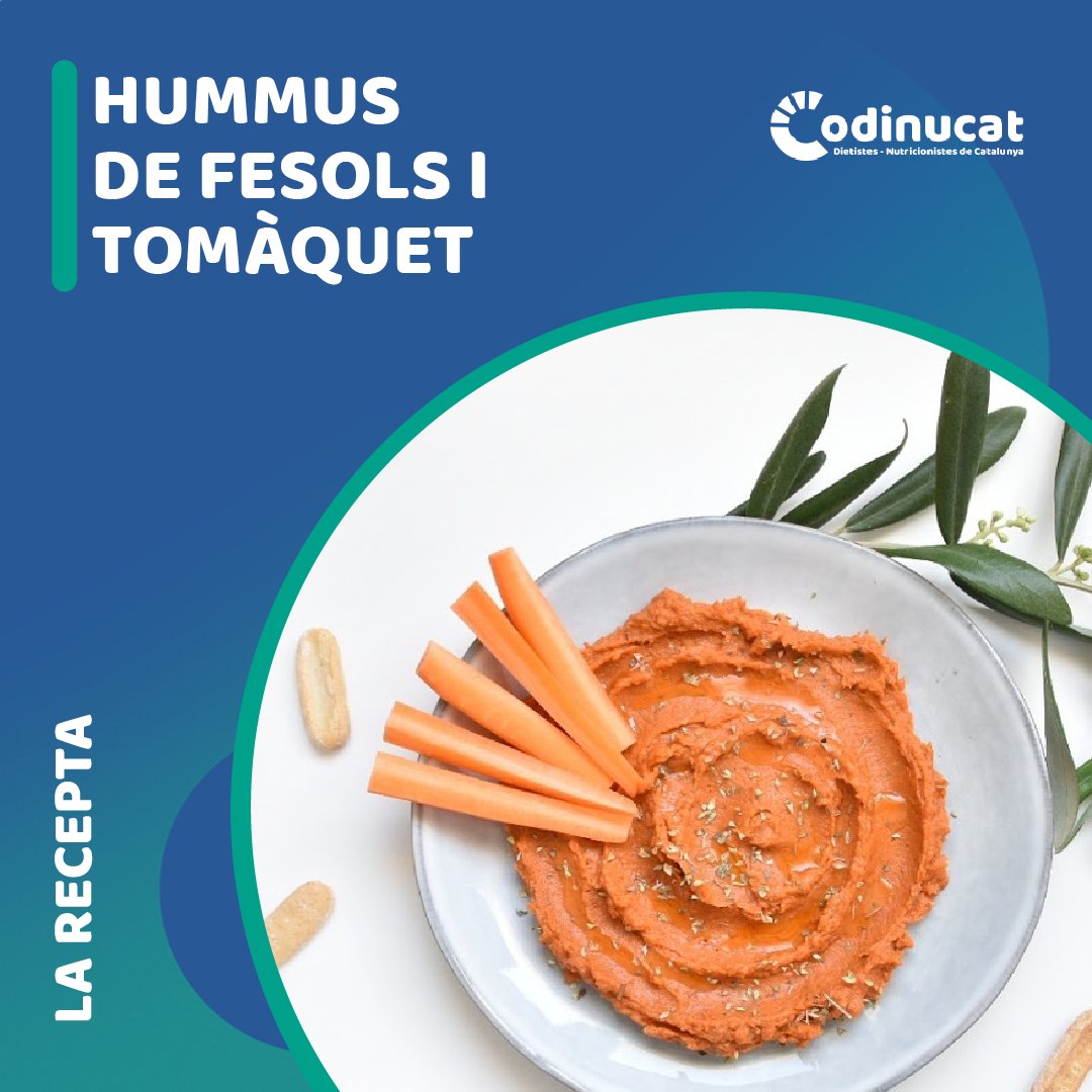 CoDiNuCat's tweet photo. 🍽️ LA RECEPTA 🍽️

L’hummus de fesols i tomàquet és un hummus força diferent del que esteu acostumats.

🥒  És una recepta fantàstica que podeu acompanyar amb bastonets de pastanaga, de cogombre, pebrot, api i inclús bastonets de pa integral.

#CoDiNuCat https://t.co/ipocSluQIR