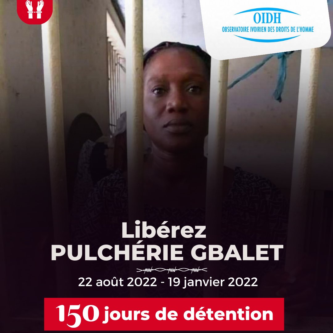Incarcérée depuis le 22 août 2022, cela fait 150 jours que l'activiste des droits de l'homme Mme Pulchérie Gbalet  est détenue préventivement à la #MACA, entre autre, pour ses opinions. L'OIDH demande sa #libération.  #CIV225 #CIVJustice