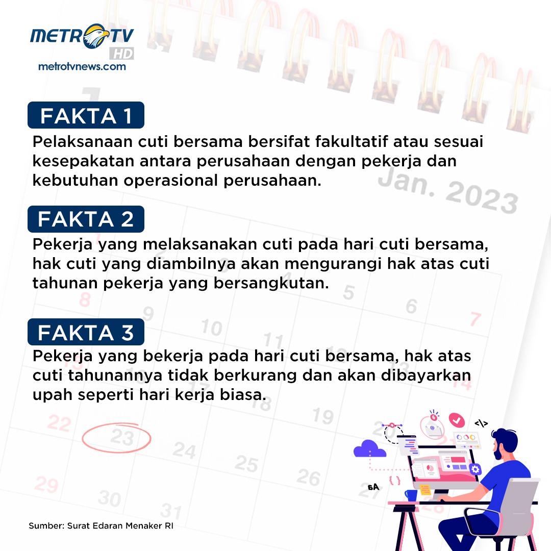 Metro_TV's tweet photo. Presiden @jokowi menetapkan hari Senin, 23 Januari 2023 sebagai cuti bersama #Imlek2574. Namun ternyata tidak semua pekerja dapat libur nih. Bagaimana ketentuannya?

Jadi siapa yang masuk tanggal 23? 🥲☝️
#BergerakMenujuKemakmuran #ImlekMetroTV #tahunbaruimlek #chinesenewyear https://t.co/rV0yYeUIfT