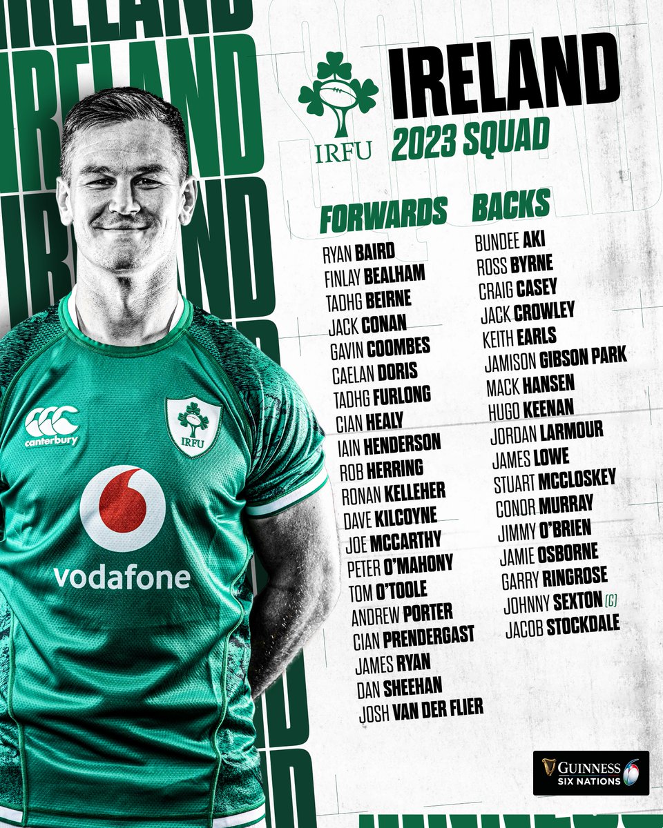 SixNationsRugby's tweet photo. ☘️ @IrishRugby have named their squad for the 2023 #GuinnessSixNations 🏉

#AwakenAnticipation https://t.co/FbWWak9GxT