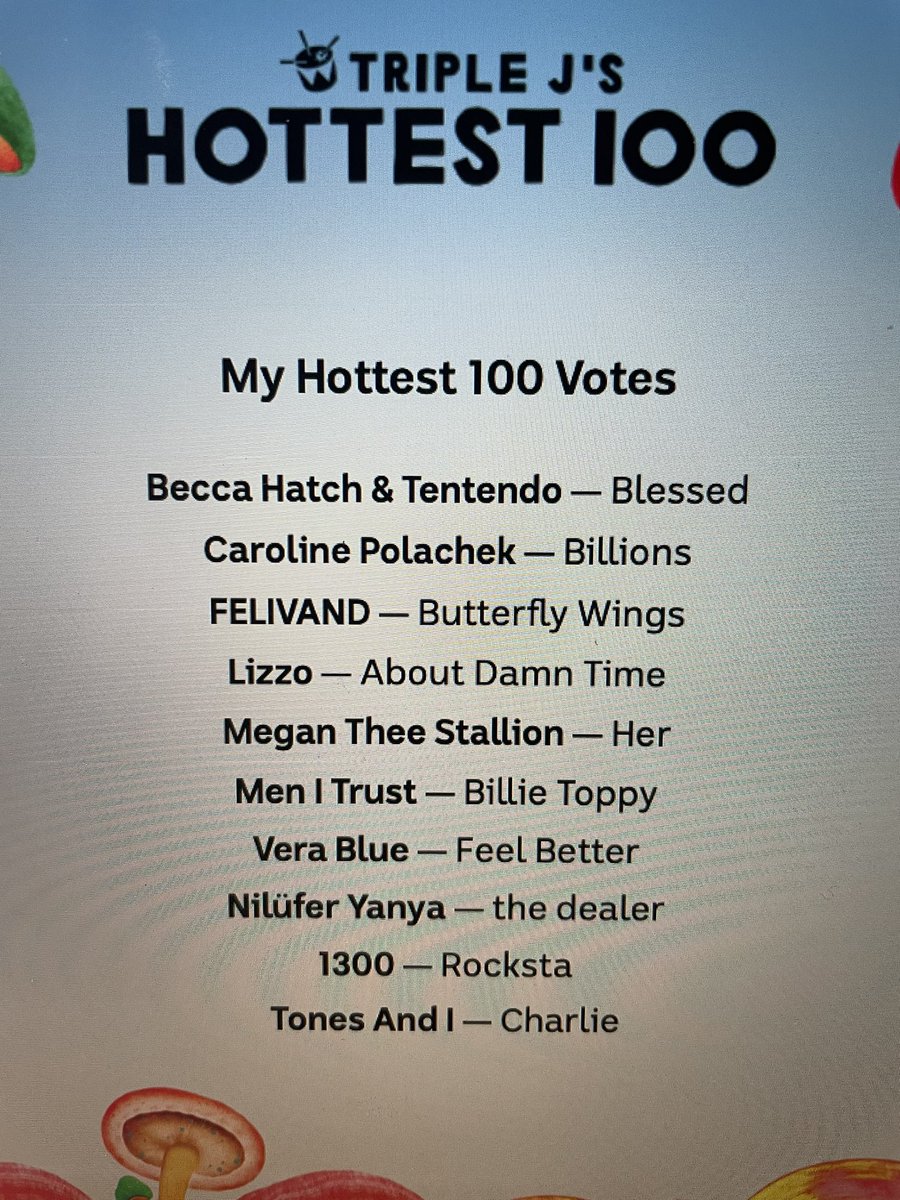Finally voted! Hottest song in #triplej #hottest100: “Billy Toppy” <a href="/menitrust/">Men I Trust</a> 

Also for: <a href="/BeccaxHatch/">Becca Hatch</a> <a href="/carolineplz/">Caroline Polachek</a> <a href="/Felivand/">FELIVAND</a> <a href="/lizzo/">LIZZO</a> <a href="/theestallion/">TINA SNOW</a> <a href="/VeraBlueMusic/">Vera Blue</a> <a href="/niluferyanya/">Hallucinogenic Honey</a> #1300 <a href="/tonesandimusic/">Tones And I</a>