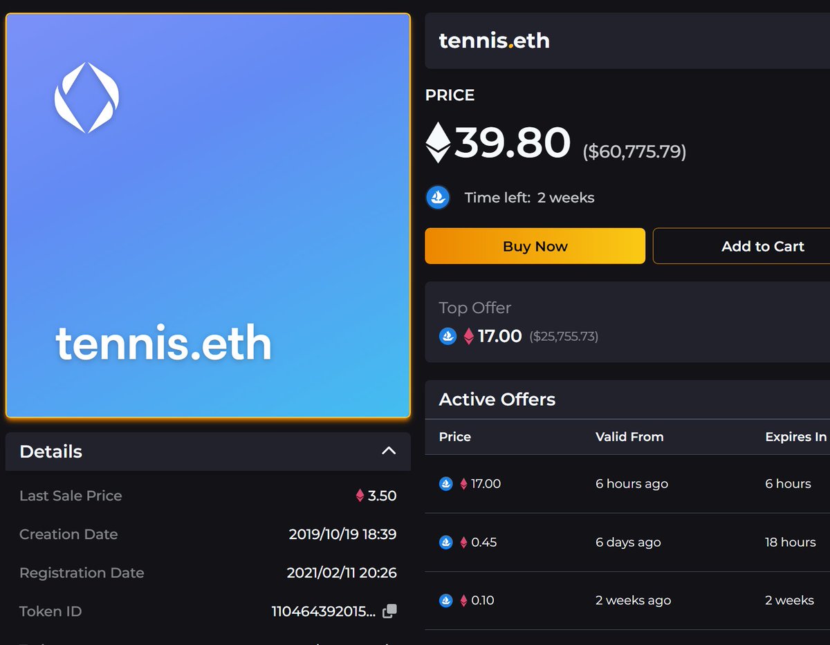 player1's tweet photo. tennis.eth received a 17 eth bid

Currently listed at 39.8 eth

Will it we see it selling anytime soon? https://t.co/J0oqZDslXg