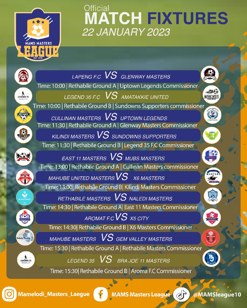MlMams's tweet photo. Good Day Everyone , please find the fixture for the games that will be played on the 22 January 2023 
 #mamsmastersleague #MML https://t.co/YeKbFrDMDV