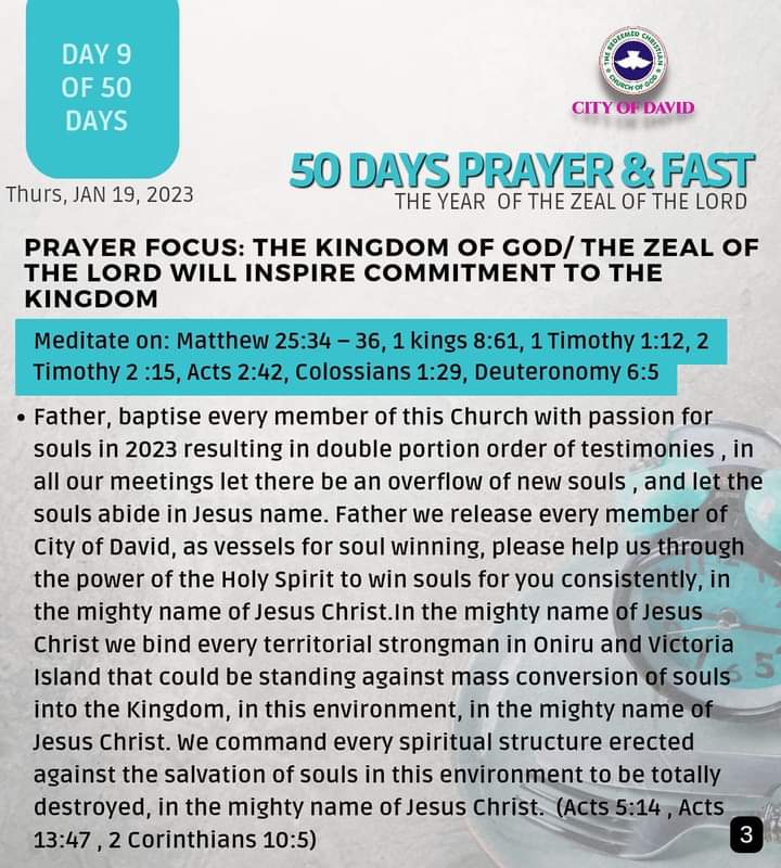 RCCGCityofDavid's tweet photo. DAY 9 Prayer Points for #50DaysFast - Thursday, January 19, 2023
Also see details of our daily prayer schedule during the Fast.
#RCCGFast
#RCCGFast2023
#CODDailyPrayerPoints https://t.co/2ag399SfGx