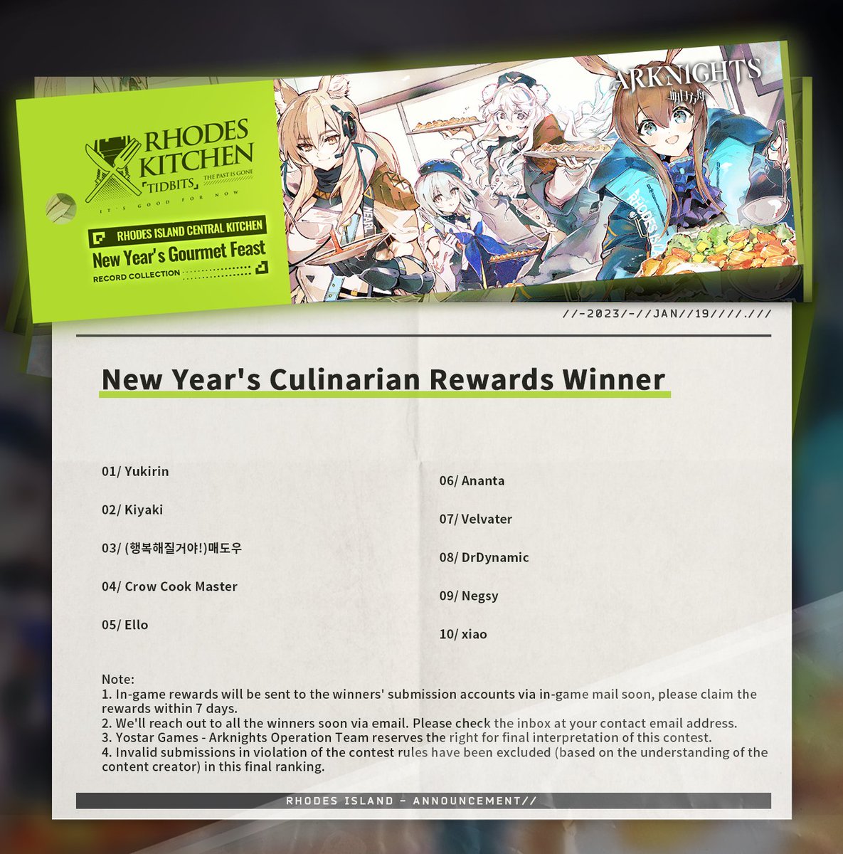 ArknightsEN's tweet image. Dear Doctor, here come the winners of the New Year&apos;s Gourmet Feast event, congrats to all the winners! Thank you all for participating in the event. Let&apos;s enjoy the New Year Feast!

#Arknights #Yostar #Tidbits #RhodesKitchen