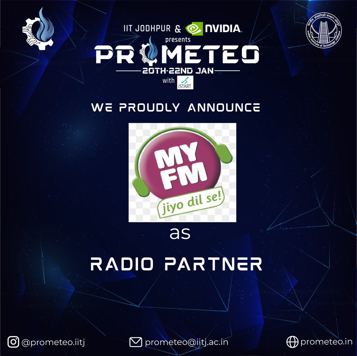 IITJ_Prometeo's tweet photo. We are excited to announce @myfmindia as our Radio Partner for Prometeo'23

#prometeo #iit #iitjodhpur #iitj #tech #technology #techfest #collegefest #myfm #2023 #sponsor #entrepreneurial #entrepreneur #startup #engineering https://t.co/55ha6W9vmE