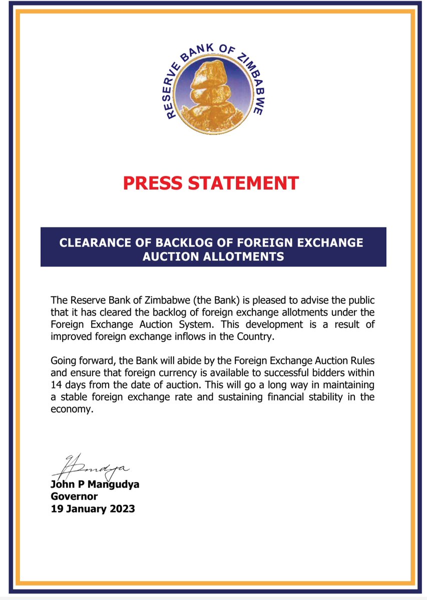 Reserve Bank of Zimbabwe clears foreign currency backlog in  a move expected to boost confidence in the economy.