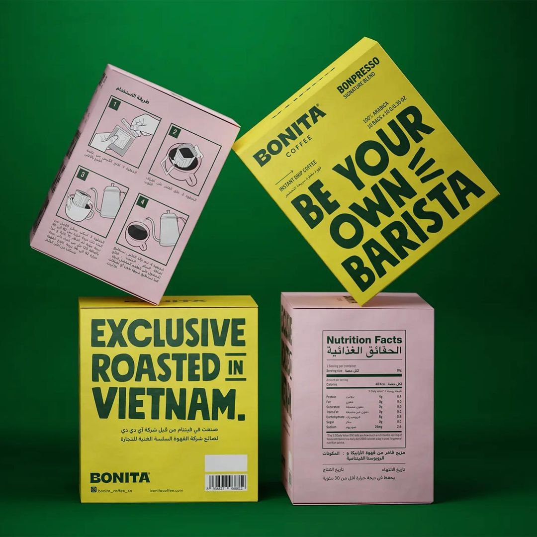 Widarto Impact's #packaging for Bonita Coffee. The agency delivers a simple yet lively #design conveying the brand value, which is to allow everyone to become a barista at home, using bright and cheerful colours coupled with a straightforward typography. #DailyDesignInspiration