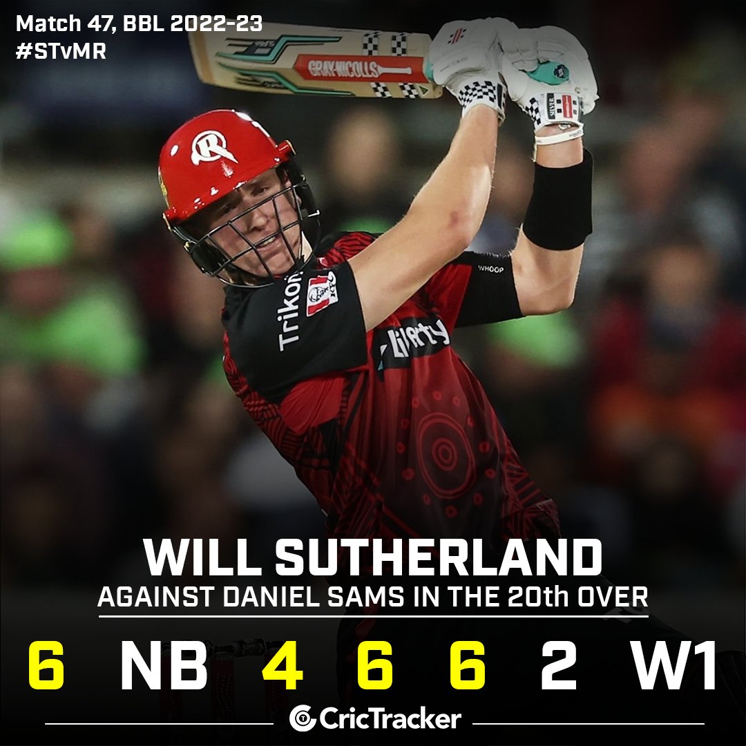 Cricketracker's tweet photo. Will Sutherland smashed 26 runs to Daniel Sams in the final over of the innings.
#SydneyThunder #WillSutherland #DanielSams https://t.co/woF6ojV918