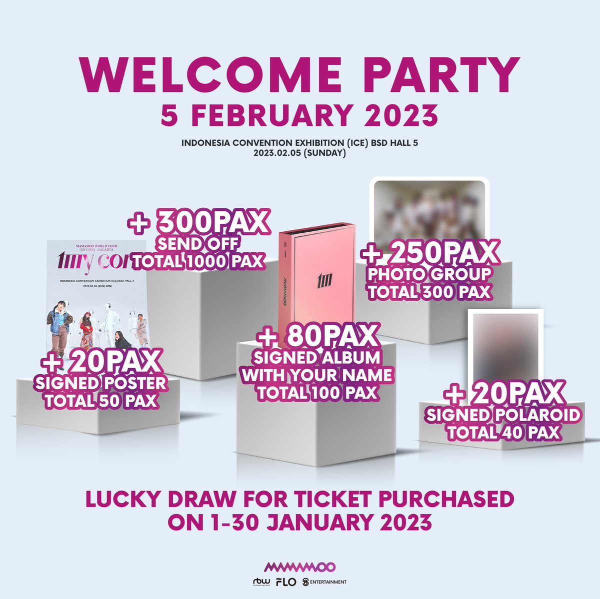 sunbrightent's tweet photo. [ADDITIONAL FAN BENEFITS]
Good news Moomoo!

Get more chance to win these lucky draw with more tickets!
(Lucky draw only eligible for tickets purchased on 1-30 January 2023; 1 name MAX. 4 tickets)

Grab your tickets fast on https://t.co/gkCUPj11Gz!

#MAMAMOO #MYCON #MAMAMOOinJKT https://t.co/dxhOZvnLFx