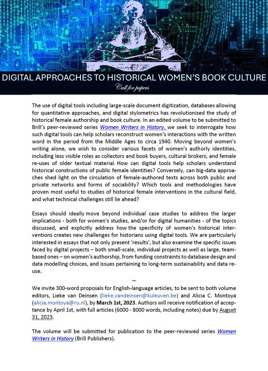 Spread the word! The WWiH-group (Women Writers in History) seeks contributions for an existing new peer-reviewed volume on 'Digital Approaches to Historical Women's Book Culture'. Proposal deadline: March 1st 2023. #bookhistory #herbook #womenhistory #history #twitterstorians