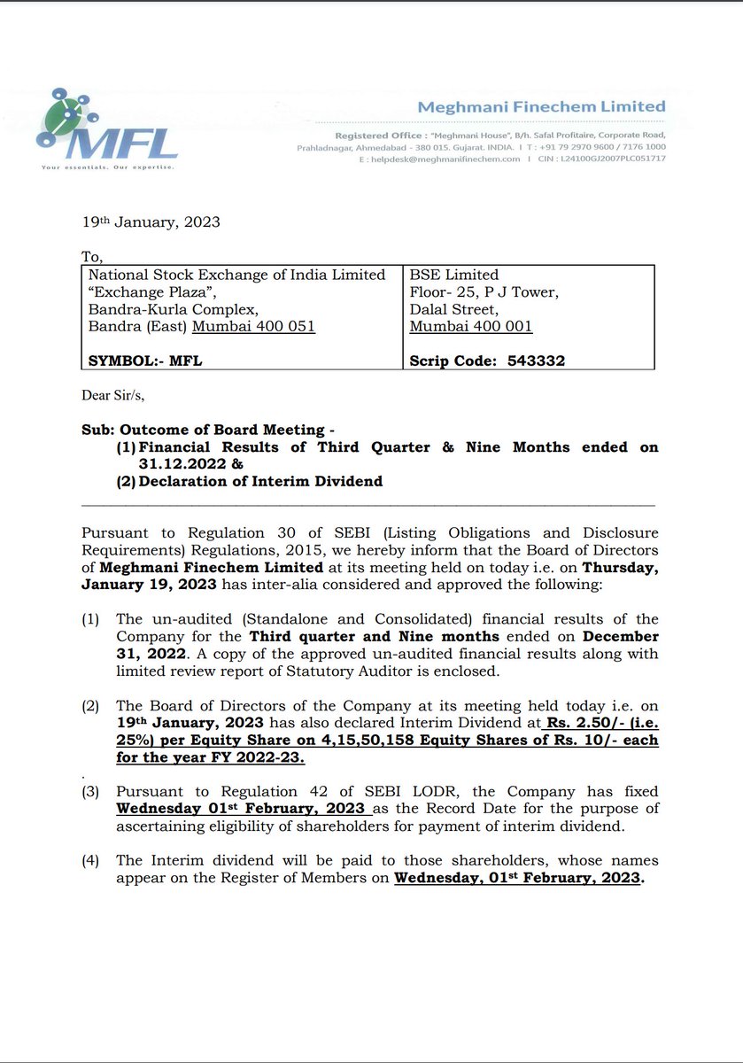 niveyshak's tweet image. #Meghmani FInechem 

- approved the expansion of an additional 45,000 TPA production capacity of Chlorinated Polyvinyl Chloride Resin (CPVC Resin) plant at
Dahej

- declared Interim Dividend at Rs. 2.50/-