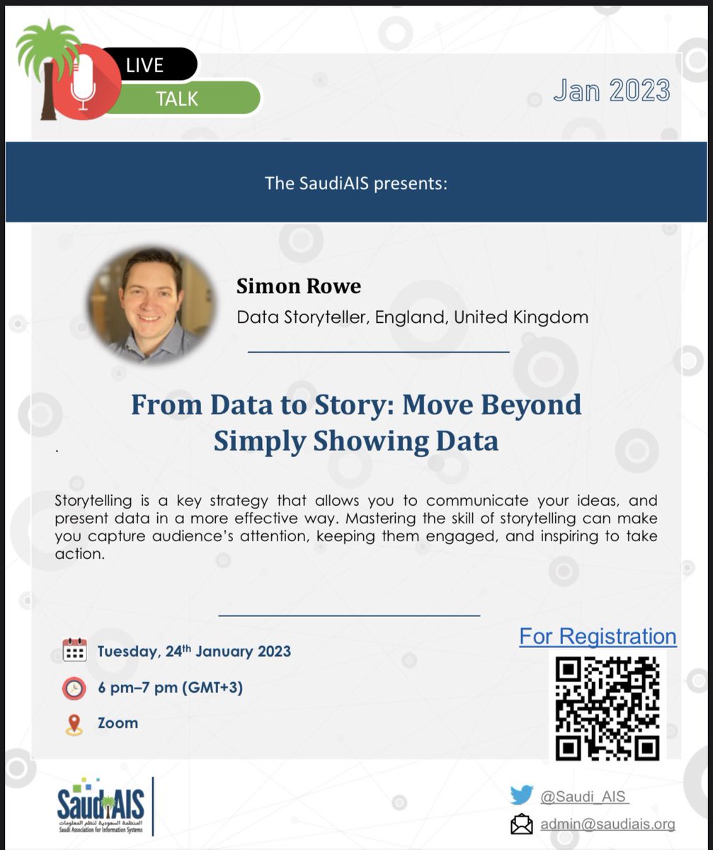 إعلان 📣
اعزائنا الاعضاء
تدعوكم المنظمة السعودية لنظم المعلومات الى لقاء عام بعنوان:
📄From Data to Story: Move beyond simply showing data
🎙️Simon Rowe, Data Storyteller, England 
🗓️ يوم الثلاثاء ٢٤ يناير 2023
 🕰️ ٦ مساء
📍 منصة زوم 
💡للتسجيل يرجى الاطلاع على البروشور المرفق
