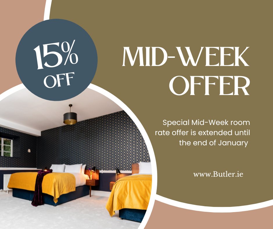 Exciting news, 15% discount on our mid-week room rate has been extended until the end of January.  Pack your overnight bag and leave those January Blues behind. check out butler.ie for more information #accomadation #butlerhouse #midweekoffer #discount #visitireland