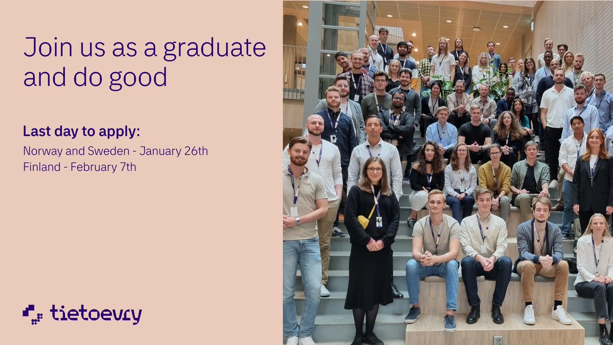 anuavellan's tweet photo. Our graduate program is still open for applications &amp; we are looking for bright and tech-loving minds to join us - don't hesitate to apply before it's too late 🔜⏰ 

Apply here 👇🏼
https://t.co/xlHDTQSIvI

#tietoevry https://t.co/pkMFfXCkon