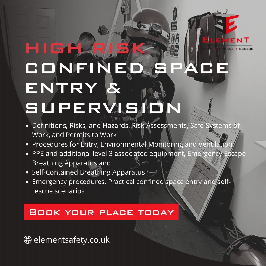 ElementSafety's tweet image. Our course covers:

- Definitions, Risks, and Hazards, Risk Assessments, Safe Systems of Work, and Permits to Work
- Procedures for Entry, Environmental Monitoring and Ventilation
Contact us to enquire/book a course today!

#confinedspacesafety #confinedsafetycourse