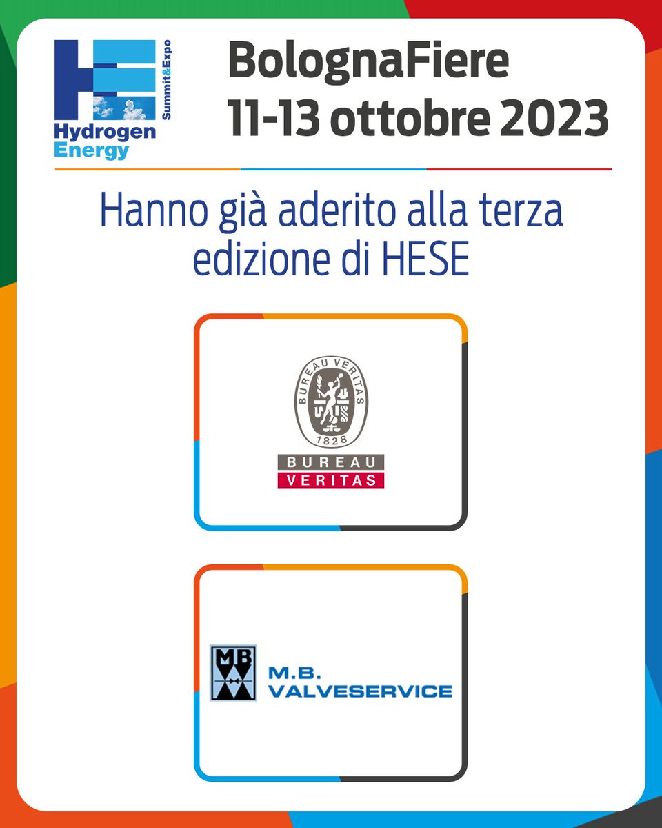 ✍ @bureauveritas e M.B. VALVESERVICE S.R.L. hanno già aderito alla terza edizione di HESE - Hydrogen Energy Summit&amp;Expo

📣 SCOPRI LE OPPORTUNITÀ RISERVATE AD ESPOSITORI E SPONSOR

#idrogeno #hese #bolognafiere #energia #ambiente #energierinnovabili #sostenibilitaambientale