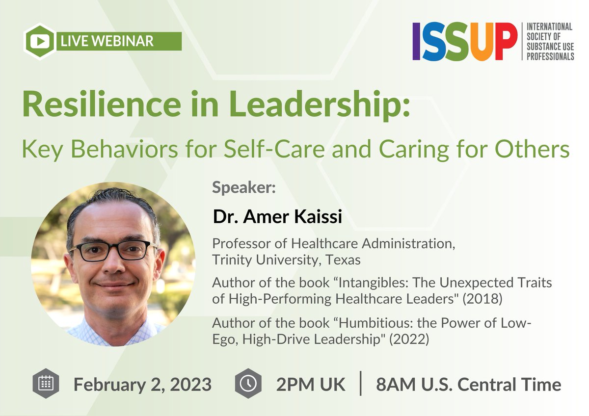 ISSUP (@issupnet) on Twitter photo 📣 Don't miss this webinar with <a href="/amerkaissi10/">Amer Kaissi</a>! Get take-home tips for self-resilience in #leadership, including self-care, caring for others and evidence-based strategies for avoiding burnout.
⏰ 2PM UK | 8am U.S. Central Time
đź“… Thurs, 2 Feb
🔗 ow.ly/IyVx50MsAML 📣 Don't miss this webinar with <a href="/amerkaissi10/">Amer Kaissi</a>! Get take-home tips for self-resilience in #leadership, including self-care, caring for others and evidence-based strategies for avoiding burnout.
⏰ 2PM UK | 8am U.S. Central Time
đź“… Thurs, 2 Feb
đź”— ow.ly/IyVx50MsAML