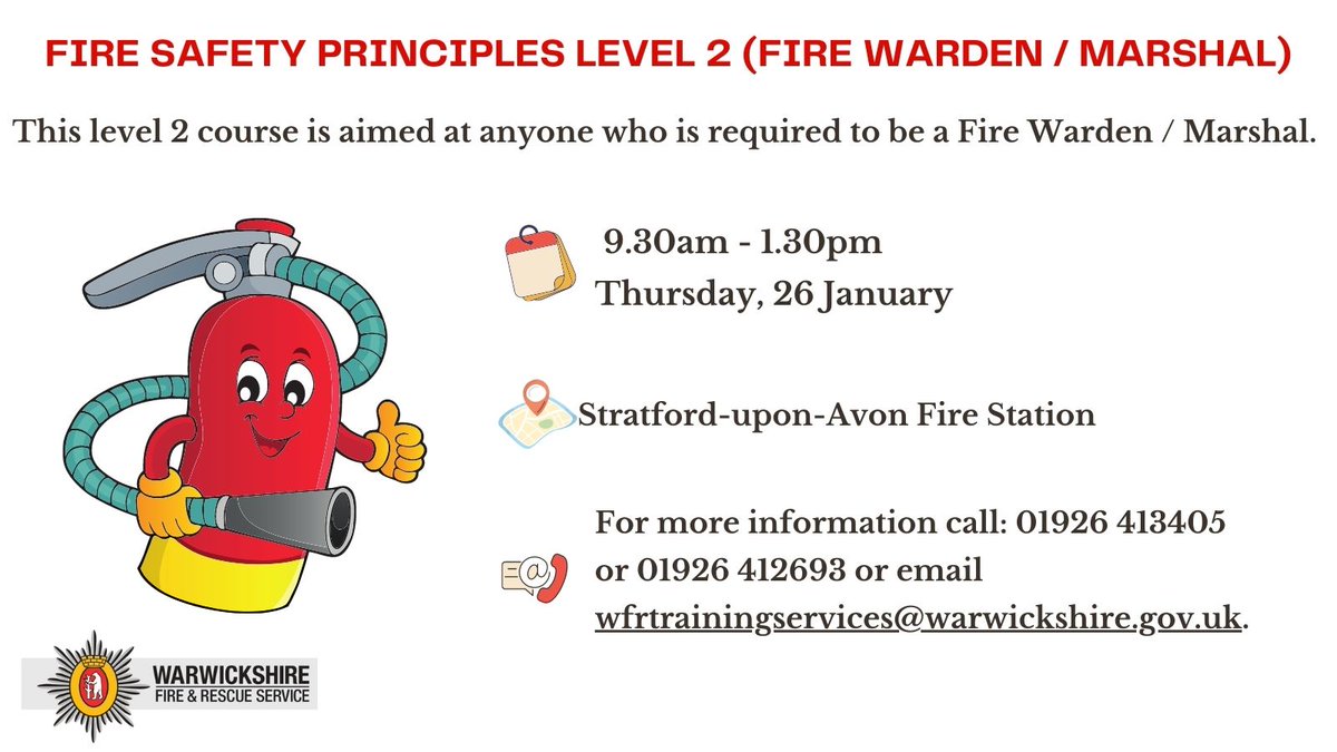 WarksFireRescue's tweet photo. Do you have sufficient Fire Wardens / Marshals? The course covers the latest fire safety regulations, the roles and duties of employees, and their responsibilities in Fire Safety. Click here to book your place: https://t.co/U3U33F148j https://t.co/WQvdpcobeG