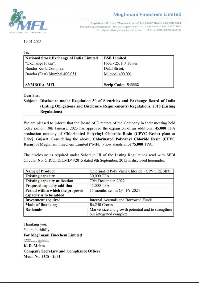 niveyshak's tweet image. #Meghmani FInechem 

- approved the expansion of an additional 45,000 TPA production capacity of Chlorinated Polyvinyl Chloride Resin (CPVC Resin) plant at
Dahej

- declared Interim Dividend at Rs. 2.50/-