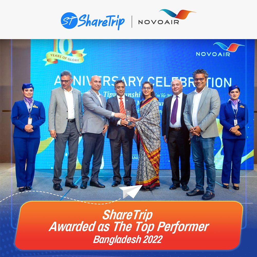 ShareTripLtd's tweet image. ShareTrip receives the "Platinum Award" at NOVOAIR 10th Founding Anniversary event. This award embodies our dedication to the industry as we have remained the No. 1 Top Performer for two consecutive years.

#ShareTrip #NOVOAIR