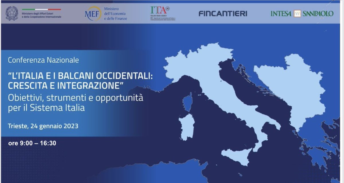 🔵‼️“L’Italia e i #Balcani occidentali: crescita e integrazione. Obiettivi, strumenti e opportunità per il sistema #Italia” di questo parleremo a #Trieste il 24 gennaio. Sarà con noi il Vice Presidente del Consiglio e #Ministro degli #Esteri, Antonio Tajani. 
#Trieste #MEF