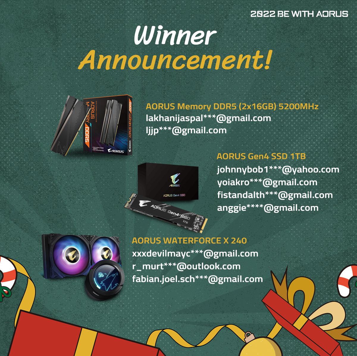 AORUS_Nordic's tweet photo. 2022 Be With AORUS Winner Announcement!
Congrats to all the winners of the AORUS XMAS &amp; New Year giveaway! Please see your email for the next step! Thank you all for participating in our event.😍

#AORUS #GIGABYTE #BeWithAORUS
#AORUSXmas #CHIBI #HappyHoliday #Xmas #TeamUpFightOn https://t.co/v7n2HI9Gfh
