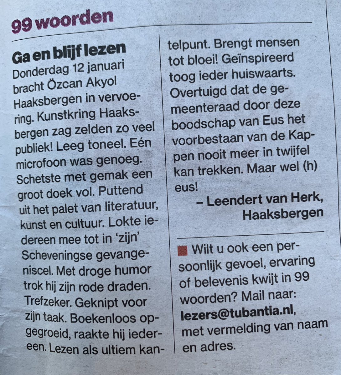 Mooie woorden van Leendert in  <a href="/tctubantia/">TCTubantia</a> over voorstelling van <a href="/OzcanAkyol/">Özcan Akyol</a> in #dekappen #haaksbergen. Eus is niet voor niets ook ambassadeur van <a href="/SchoolscoolNL/">School's cool Nederland</a>. #boeken #lezen!