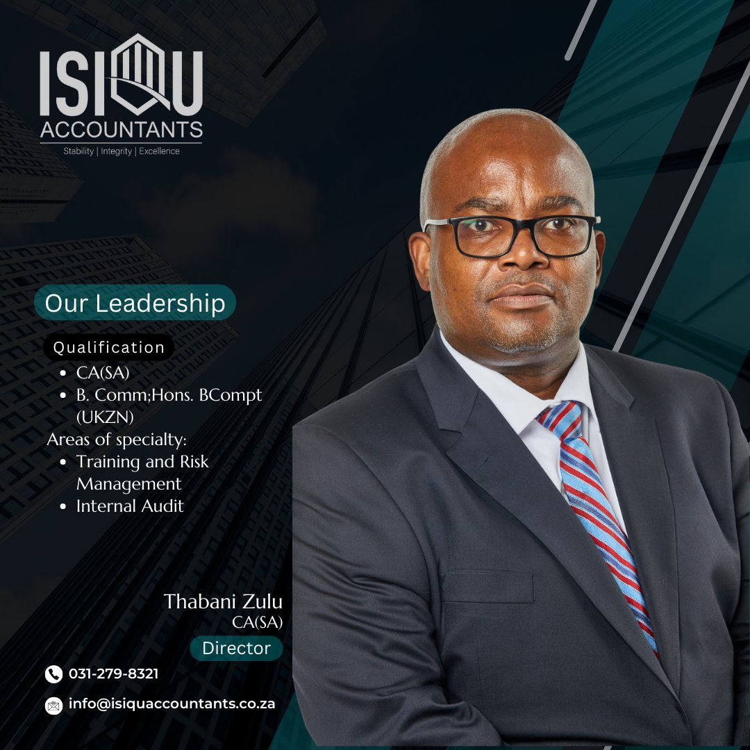 IsiquAccountant's tweet photo. Our Leadership

Mr Zulu has more than 20 years in the Public Practice Environment. 

Tel: 031 279 8321
Email: info@isiquaccountants.co.za
Location: 47 Henwood Rd, Windermere, Berea, 4001
#accountantlife #accountancypractice #accountspayable #accounting #Account #Auditing https://t.co/0CxFXTwEbJ