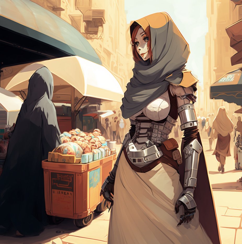 BrainLootGaming's tweet photo. Using @midjourney_ai, I made this art piece tonight with the following prompts: 

"a cyborg nanny buying groceries at a street market, arabian, daytime, manga art style"

These #AI generated #art pieces are wild man, just wild. Very very cool tech and fun to play around with. https://t.co/7JUpy0lAkY