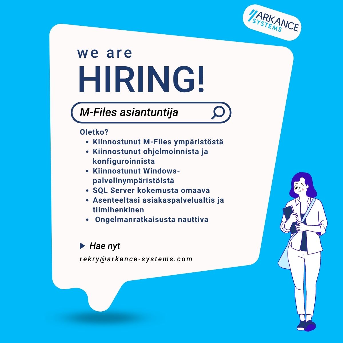 Haluatko olla meidän mukanamme rakentamassa parasta kumppanuutta rakennetun ympäristön digitaalisessa muutoksessa? Juuri nyt etsimme täydennystä tiedonhallinnan saralle. 
Lue lisää, hae tai vinkkaa kaverille! ⬇️
rekrytointi.arkance-systems.fi/avoimet-tyopai…
