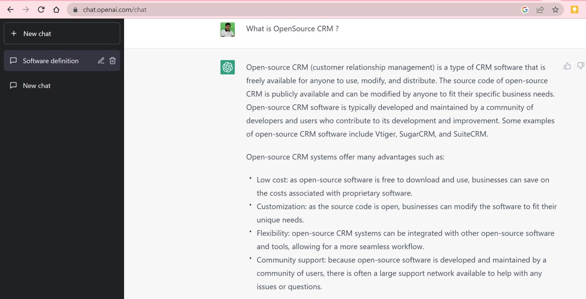 crmtiger's tweet photo. What is vTiger?
What is OpenSource CRM?
Hmm. , ChatGPT a genius. Small and Smart answer for anyone to understand ... Keep it up ChatGPT !!!
#vtiger #crm @crmtiger @ChatGPT #Answer #smartanswer #question #questionandanswer #opensource https://t.co/Rr8jd3OQWY