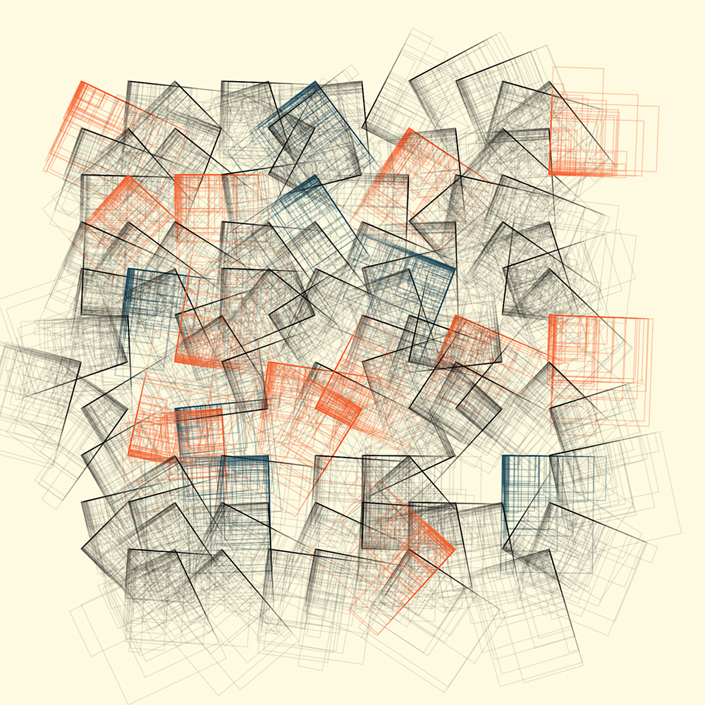 SpritzCam's tweet photo. #Genuary18 Definitely not a grid. #p5js #genuary #creativecoding https://t.co/7xFof3mmnP