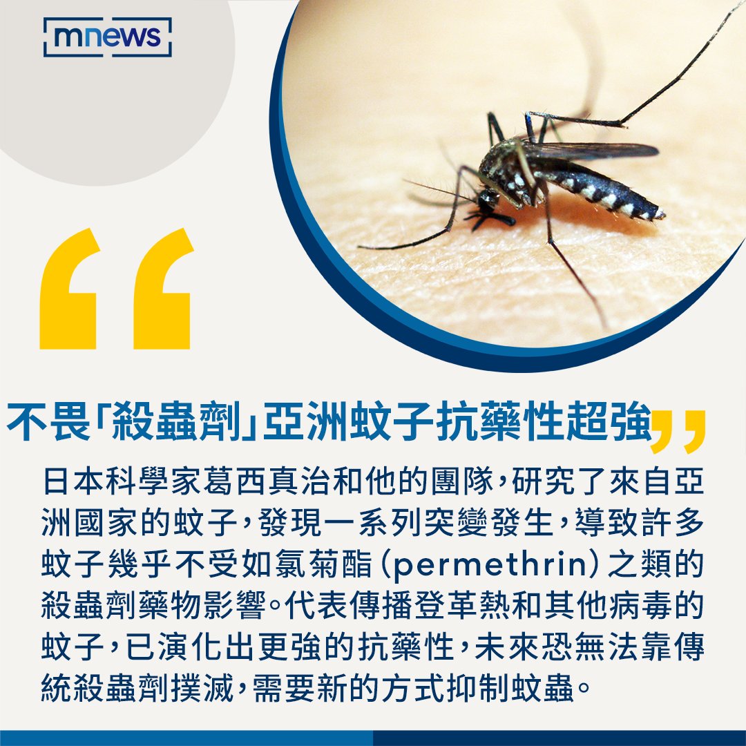 變種蚊子侵襲亞洲？ 科學家葛西真治和他的團隊，研究來自 國家的 ，發現因一系列突變，導致許多蚊子已不受氯菊酯（permethrin） 藥物影響！🦟