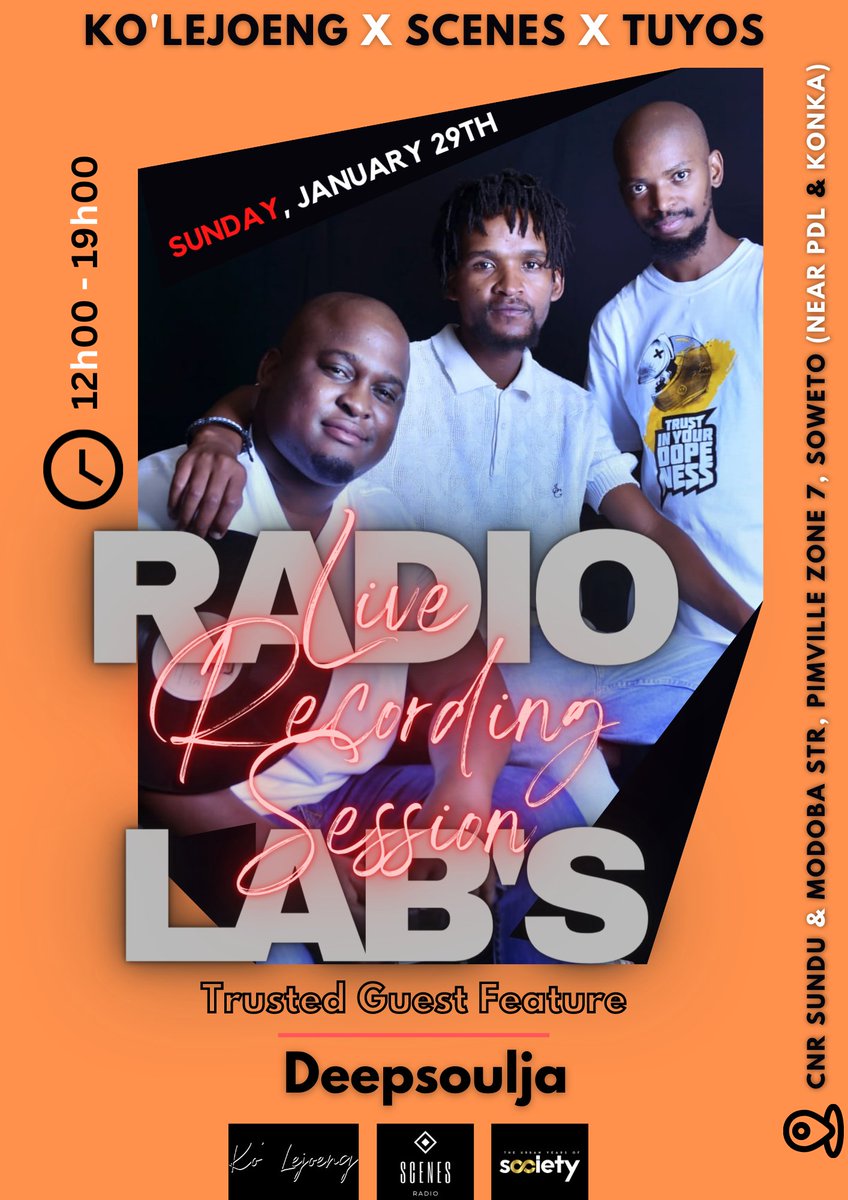 SAVE THE DATE ❗ ❗ ❗

Trusted Guest Feature: <a href="/deepsoulja/">DEEPSOULJA</a> (<a href="/Khotso_Fifty5/">Khotso Mr.55 (DEEPSOULJA)</a> | <a href="/ChinoSoul28/">Thando Ndlozi | ETHGas ⛽</a> | <a href="/Sipho_Sg/">Sipho 'S.G'</a>)

Location: Ko'Lejoeng

Producer: <a href="/ScenesCreative/">Scenes</a> &amp; <a href="/OfficialTUYoS/">The Urban Years of Society</a>

DON'T MISS OUT ❗ ❗ ❗

#KoLejoeng #scenes #tuyos #deepsoulja #summer #liverecordingsession