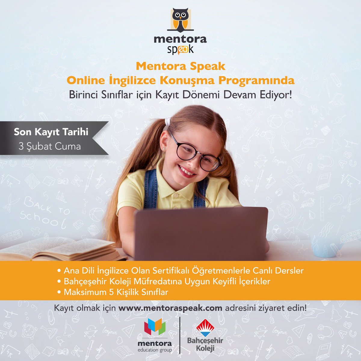 🗣️ Mentora Speak Online İngilizce Konuşma Programında Birinci Sınıflar İçin Kayıt Dönemi Devam Ediyor!

🗓️Son Kayıt Tarihi: 3 Şubat 
🔗mentoraspeak.com