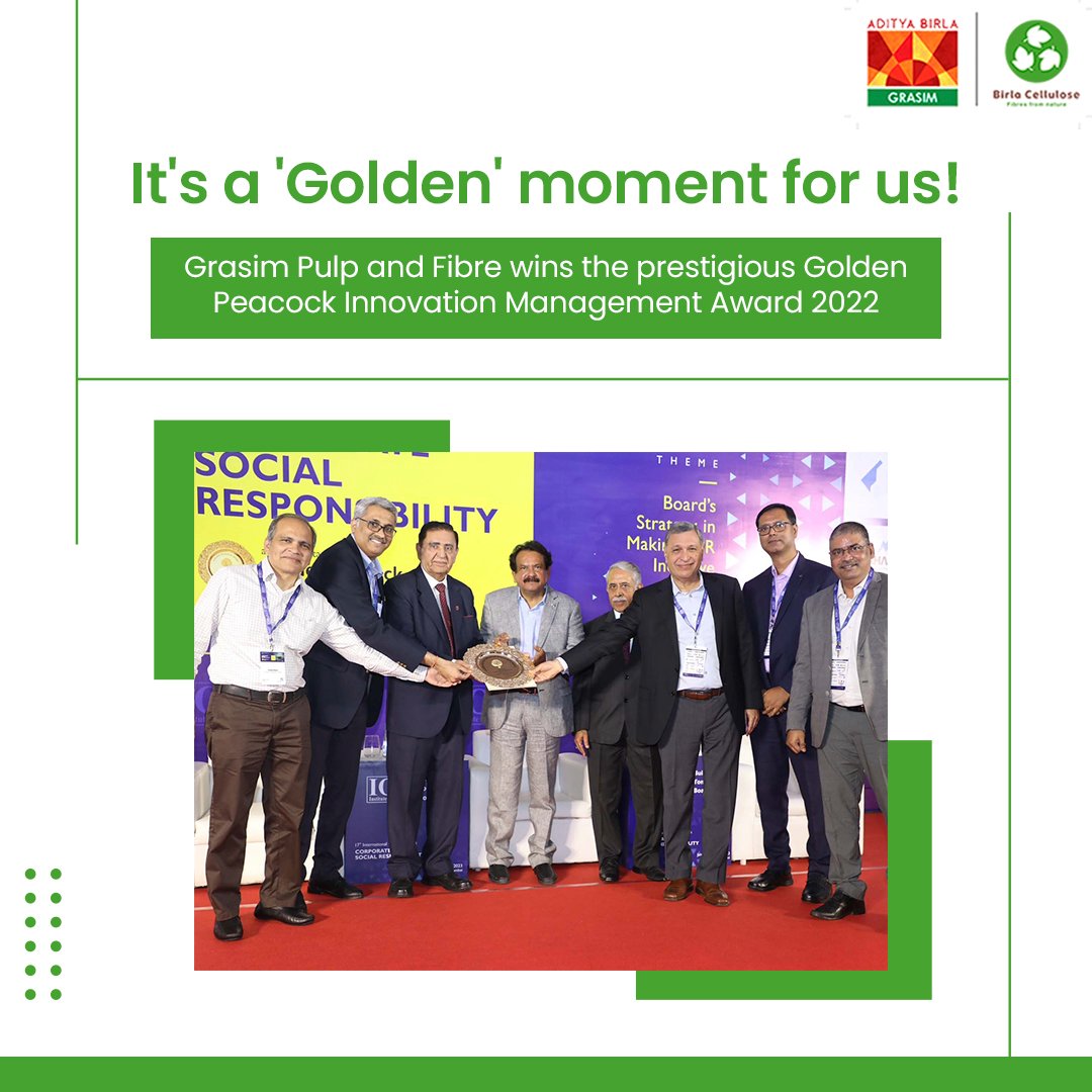 GrasimInd's tweet photo. Grasim Industries Limited’s Pulp &amp; Fibre has been awarded the prestigious Golden Peacock Innovation Management Award 2022
Link to the press release ; https://t.co/2HmB0HBoly
#PulpAndFibre #Sustainability #Grasim #AdityaBirlaGroup #Innovation #GoldenPeacockAward #IOD https://t.co/3OPIoMLE9l