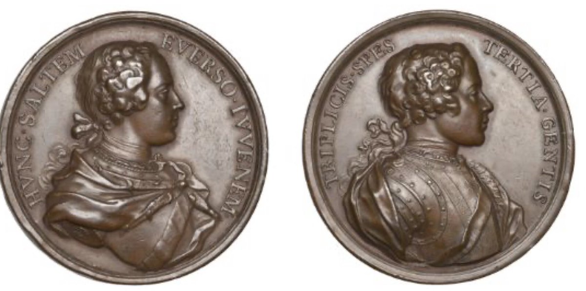 whitegoldsword's tweet photo. The Two Jacobite Princes, a copper medal, unsigned [by E. Hamerani?], undated, armoured and draped bust of Prince #CharlesEdwardStuart, rev. armoured and draped bust of Prince Henry right, 46mm (Woolf 47:1; MI II, 493/35; E 544A). rare #Jacobite #Coin https://t.co/NwwKK0ECZc