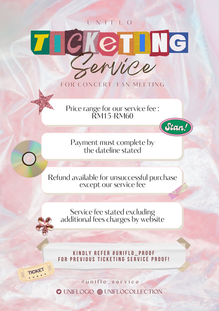 MAMAMOO WORLD TOUR MALAYSIA
[MYCON] - KUALA LUMPUR

🎫 RM35 PER ticket fee 
more info of our service refer 3rd pic 
❤️ Dateline of payment 24/1/2023
TUESDAY 9AM 

#MAMAMOOinKL
#MAMAMOO_MyCon #MAMAMOOinMY
#uniflo_service