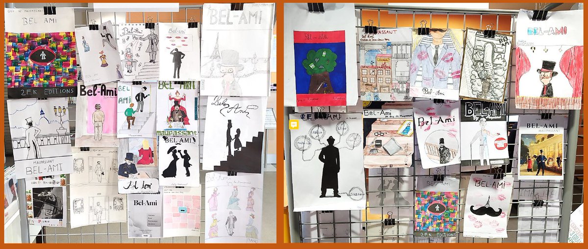 Lycee_Poincare's tweet photo. Les élèves de 2F et Mme Fagot, enseignante de lettres, vous proposent d'admirer les premières de couverture imaginées à partir de Bel-Ami de Guy de #Maupassant. Les travaux sont exposés à l'entrée du #CDI jusqu'aux congés de février.
Venez nombreux et nombreuses ! https://t.co/6Dl0av6EjC