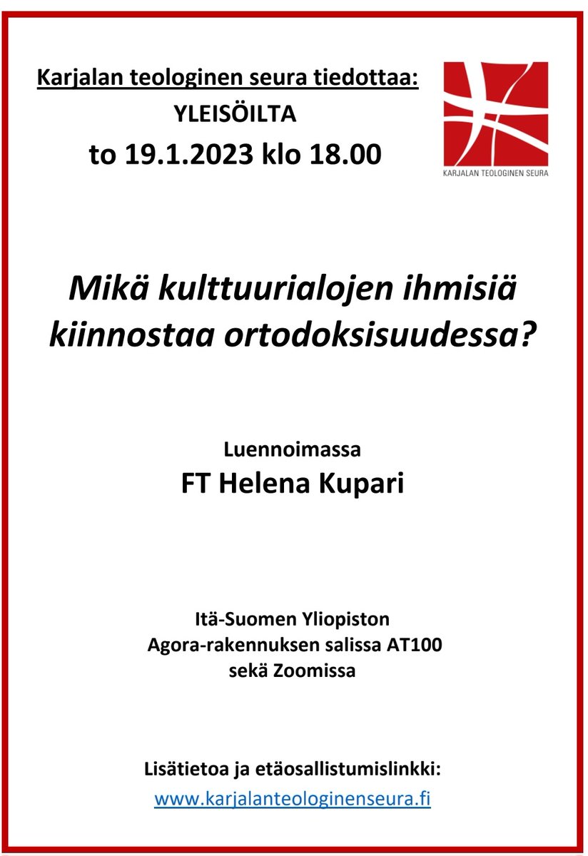 Tervetuloa vuoden ensimmäiseen yleisöiltaan tänään klo 18! Parhaat paikat ovat teologian osaston salissa AT100 (Itä-Suomen yliopiston Agora-rakennus), mutta myös Zoomin välityksellä pääsee mukaan. Linkki on kotisivuillamme. Nähdään illalla! 🤗