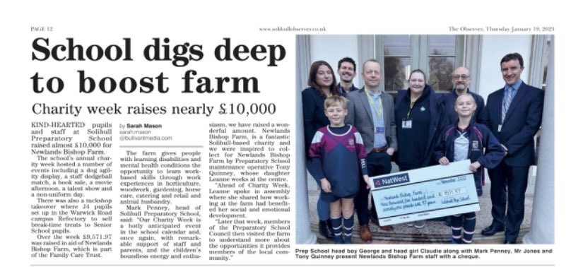 Coverage of our @SolihullPrep #Charity Week fundraising for @FarmNbf appears in today’s @solihullobserve 

#ThrowbackThursday #CommunityRelations #SolihullCommunity #CharityHour